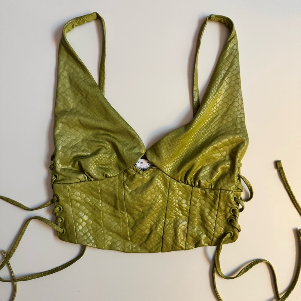 BERSHKA Green Snake Print Crop Top